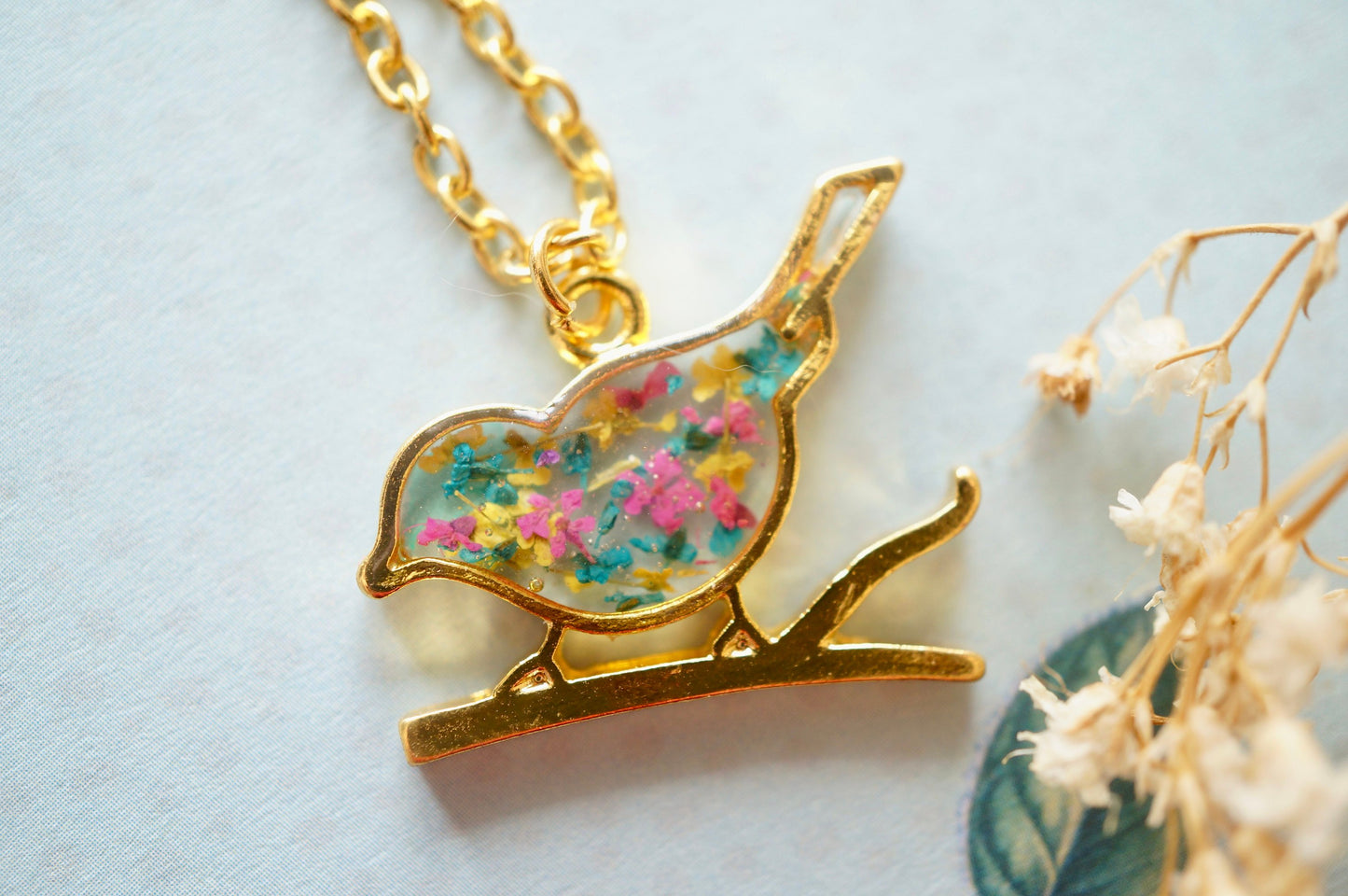 Real Pressed Flowers in Resin, Gold Bird Necklace in Teal Pink Yellow