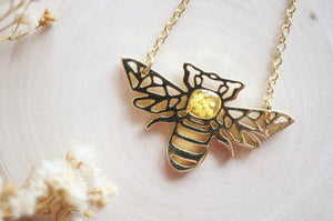 Real Pressed Flowers in Resin, Gold Bee Necklace in Yellow