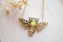 Real Pressed Flowers in Resin, Gold Bee Necklace in Yellow