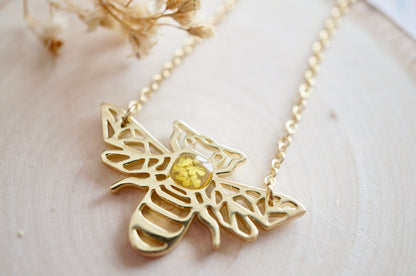 Real Pressed Flowers in Resin, Gold Bee Necklace in Yellow