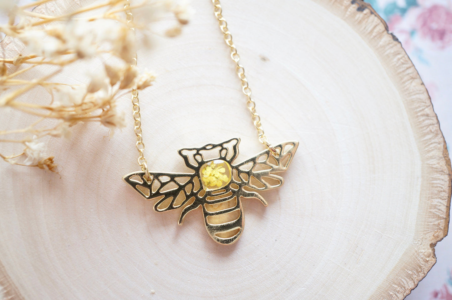 Real Pressed Flowers in Resin, Gold Bee Necklace in Yellow