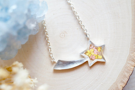 Real Pressed Flowers in Resin, Silver Shooting Star Necklace in Yellow Pink