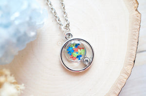 Real Pressed Flowers in Resin, Silver Circle Necklace in Blue Green Red