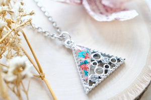 Real Pressed Flowers in Resin, Silver Triangle Necklace in Red Teal Light Pink