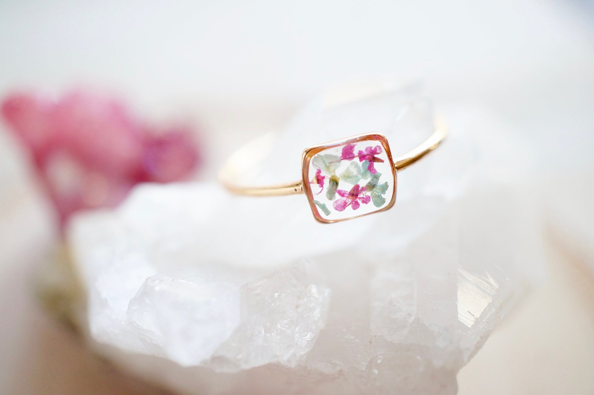 Real Pressed Flower and Resin Ring, White Crystal in Copper with Purpl –  ann + joy