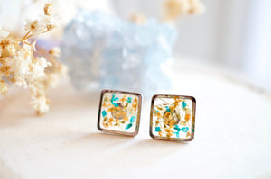 Real Pressed Flowers and Resin, Silver Square Stud Earrings in Orange White Teal