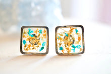 Real Pressed Flowers and Resin, Silver Square Stud Earrings in Orange White Teal