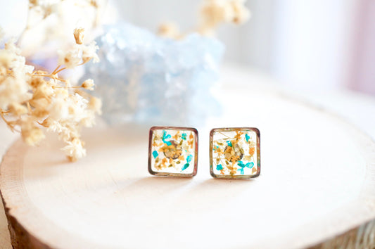 Real Pressed Flowers and Resin, Silver Square Stud Earrings in Orange White Teal