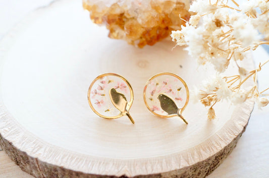 Real Pressed Flowers and Resin, Gold Bird Stud Earrings in White and Light Pink