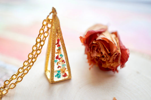 Real Pressed Flowers in Resin, Gold 3D Triangle Necklace in Teal Orange Red, Fall Jewelry, Dried Flowers, Autumn Jewelry