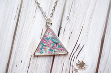Real Pressed Flowers in Resin, SilverTriangle Necklace in Pink Teal White, Dried Flowers