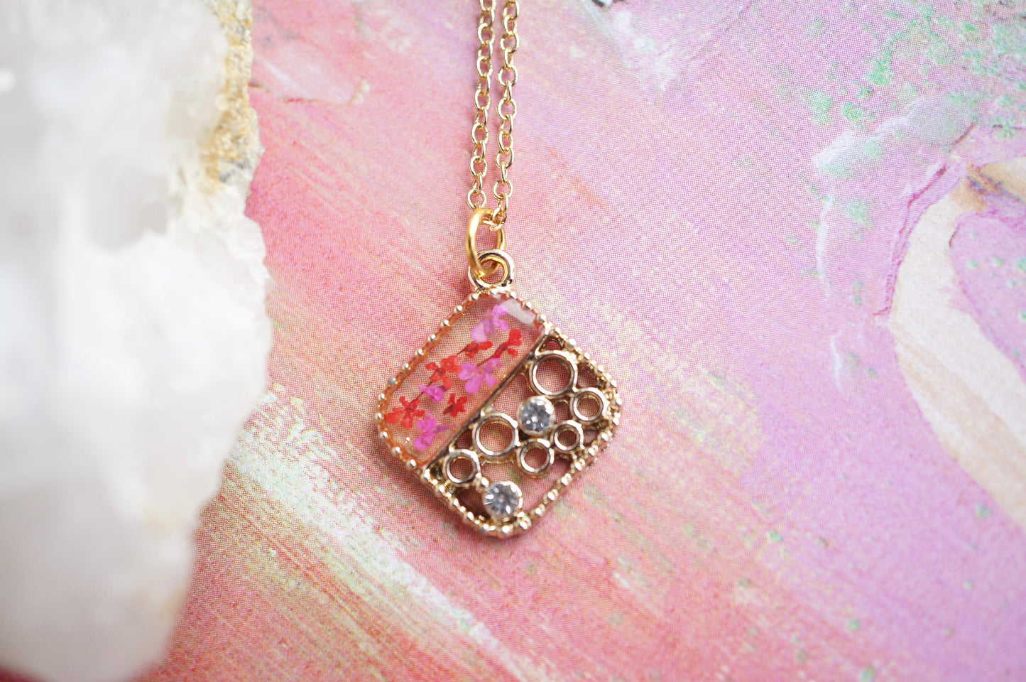 Real Pressed Flowers and Resin Gold Necklace, Diamond Crystals in Pink Red