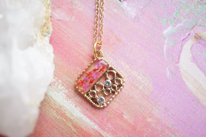 Real Pressed Flowers and Resin Gold Necklace, Diamond Crystals in Pink Red