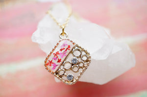 Real Pressed Flowers and Resin Gold Necklace, Diamond Crystals in Pink Red