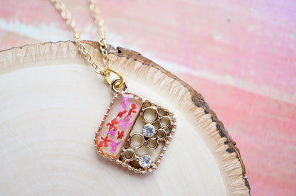 Real Pressed Flowers and Resin Gold Necklace, Diamond Crystals in Pink Red