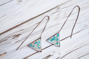 Real Pressed Flowers and Resin Threader Earrings, Silver Triangles in Mint Teal Light Pink