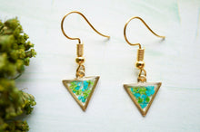 Real Pressed Flowers and Resin Drop Earrings, Gold Triangles in Teal Green