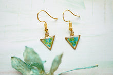 Real Pressed Flowers and Resin Drop Earrings, Gold Triangles in Teal Green