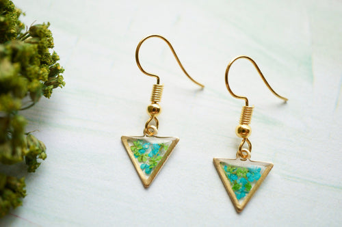 Real Pressed Flowers and Resin Drop Earrings, Gold Triangles in Teal Green