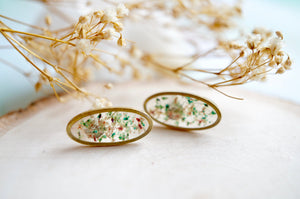 Real Pressed Flowers and Resin Stud Earrings, Gold Ovals in Teal Rose White