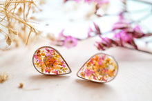 Real Pressed Flowers and Resin Stud Earrings, Silver Teardrops in Pink Orange Yellow