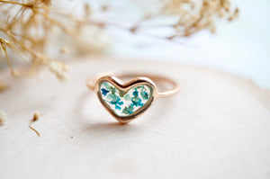 Real Pressed Flower and Resin Ring, Rose Gold Heart in Teal Mint