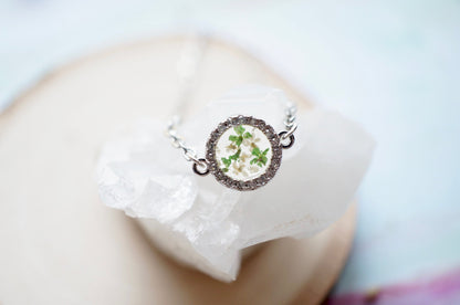 Real Pressed Flowers in Resin, Silver Circle Necklace in Green White, Crystals, Dried Flowers