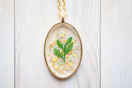 Real Pressed Flowers in Resin, Gold Oval Necklace in Orange Mint Light Pink