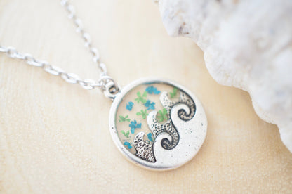 Real Pressed Flowers in Resin, Silver Circle Wave Necklace in Teal and Green