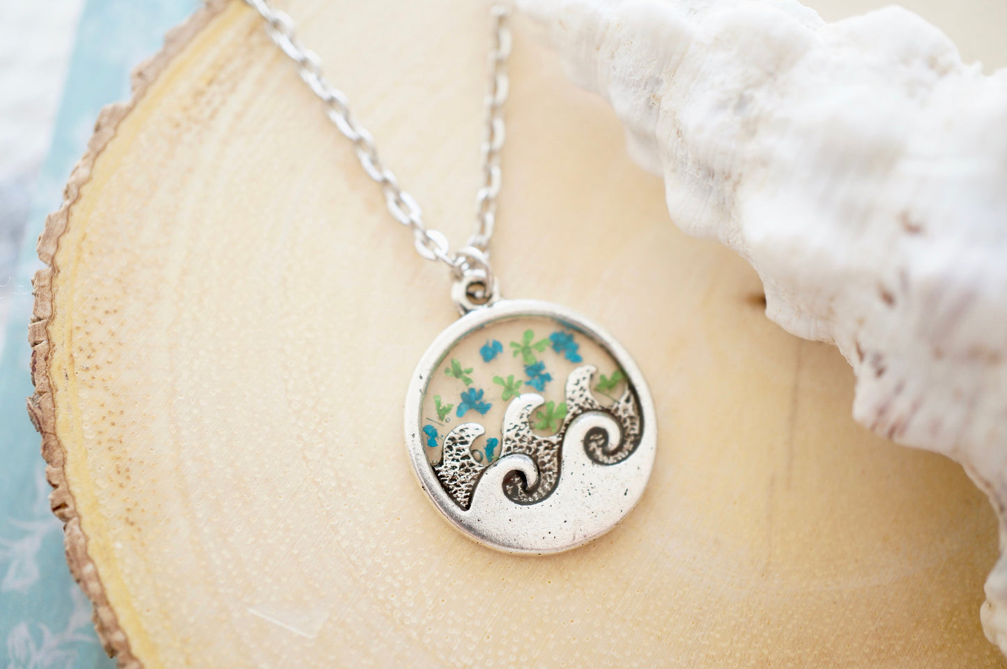 Real Pressed Flowers in Resin, Silver Circle Wave Necklace in Teal and Green