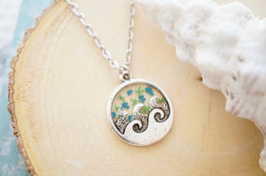 Real Pressed Flowers in Resin, Silver Circle Wave Necklace in Teal and Green