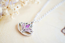 Real Pressed Flowers in Resin, Silver Lotus Necklace in Pinks