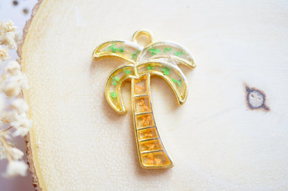 Real Pressed Flowers in Resin, Gold Palm Tree Necklace in Green and Orange