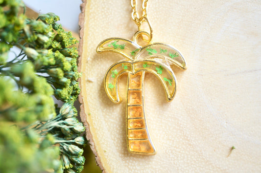 Real Pressed Flowers in Resin, Gold Palm Tree Necklace in Green and Orange