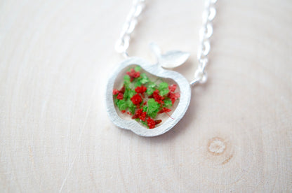 Real Pressed Flowers in Resin, Silver Apple Necklace in Green and Red