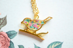 Real Pressed Flowers in Resin, Gold Bird Necklace in Teal Pink Yellow