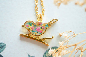 Real Pressed Flowers in Resin, Gold Bird Necklace in Teal Pink Yellow