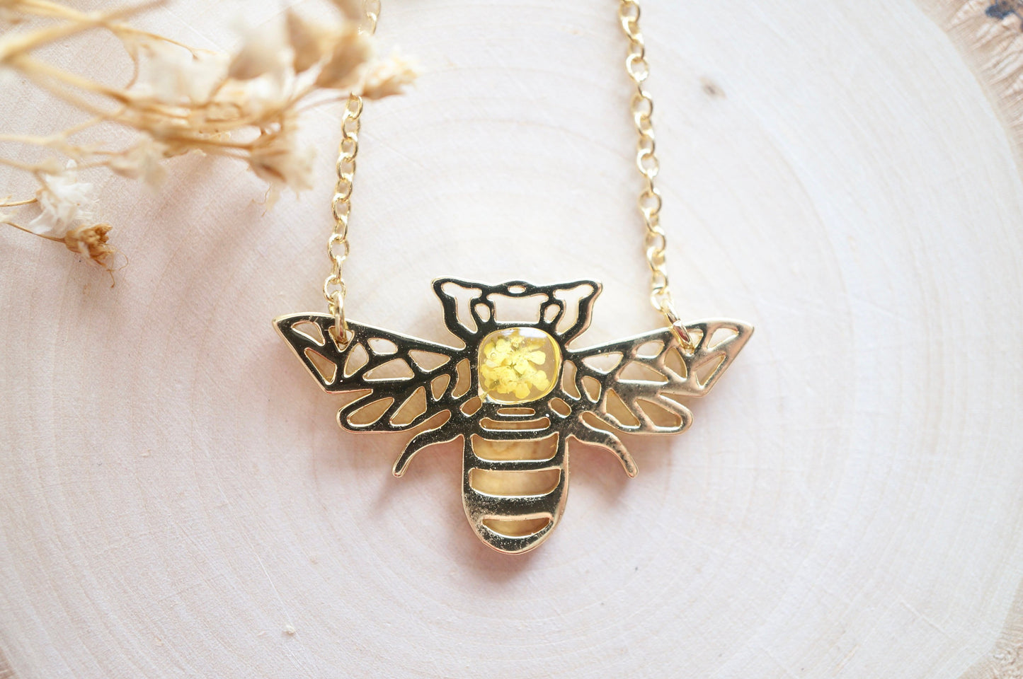 Real Pressed Flowers in Resin, Gold Bee Necklace in Yellow