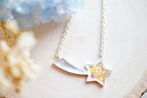 Real Pressed Flowers in Resin, Silver Shooting Star Necklace in Yellow Pink