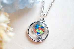 Real Pressed Flowers in Resin, Silver Circle Necklace in Blue Green Red