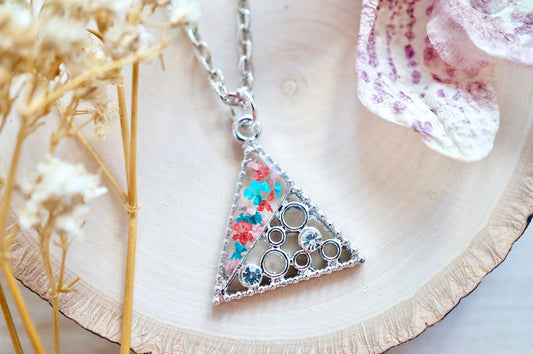 Real Pressed Flowers in Resin, Silver Triangle Necklace in Red Teal Light Pink