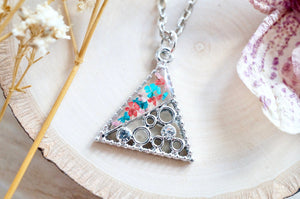 Real Pressed Flowers in Resin, Silver Triangle Necklace in Red Teal Light Pink