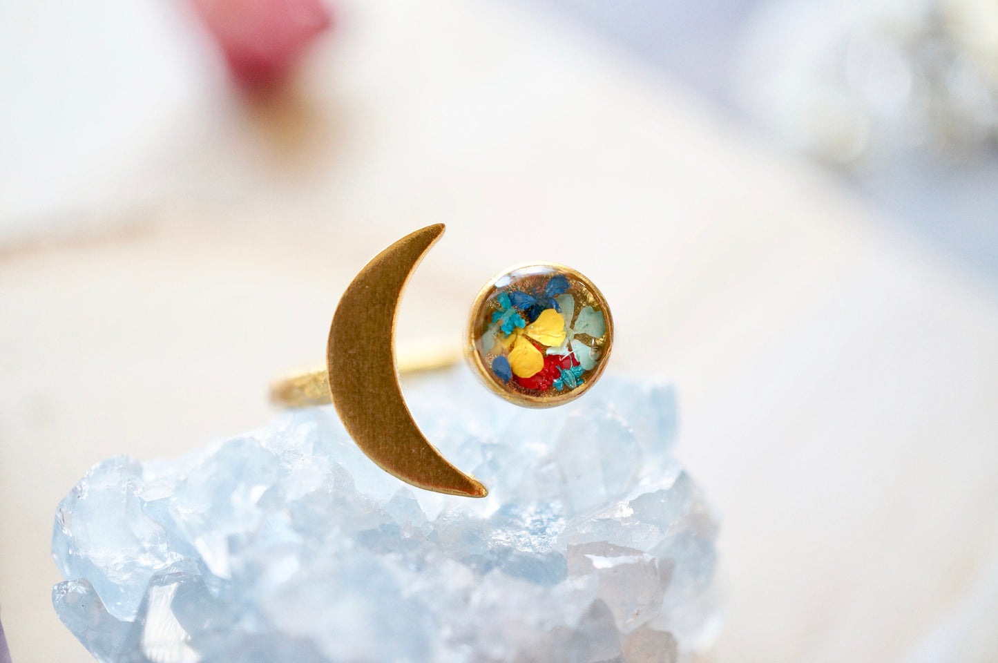 Real Pressed Flower and Resin Ring, Gold Celestial Moon and Sun in Orange Yellow Red Pink