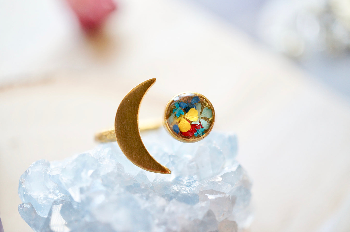 Real Pressed Flower and Resin Ring, Gold Celestial Moon in Mint Teal Blue Red Yellow