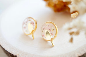 Real Pressed Flowers and Resin, Gold Bird Stud Earrings in White and Light Pink