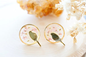 Real Pressed Flowers and Resin, Gold Bird Stud Earrings in White and Light Pink