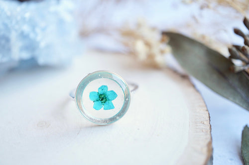 Real Pressed Flower and Resin Ring, Adjustable Silver Circle in Teal