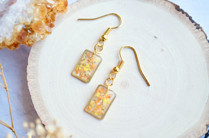 Real Dried Flowers and Resin Earrings, Gold Rectangle Drops in Orange Yellow White, Fall Jewelry, Autumn Jewelry