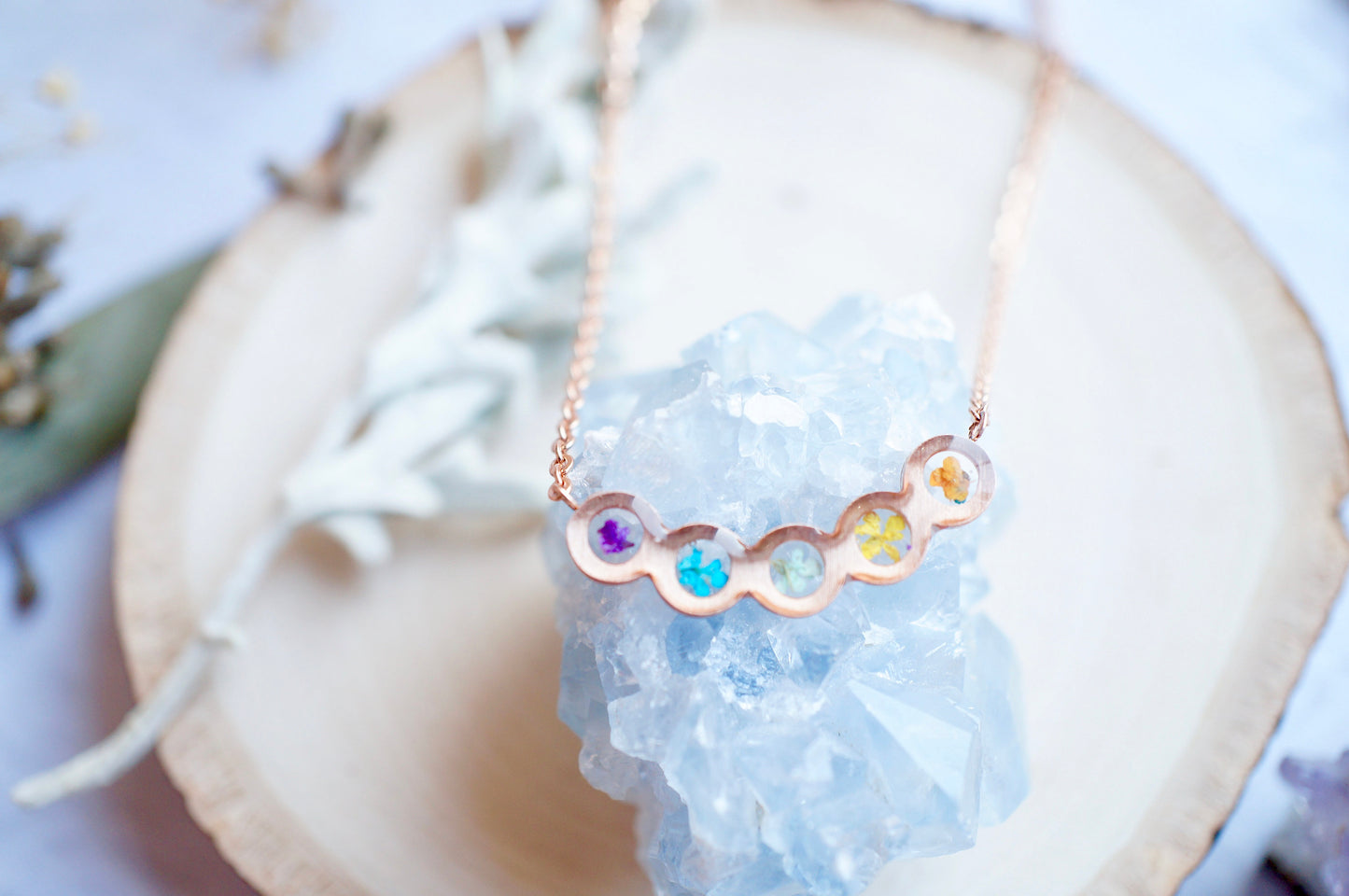 Real Pressed Flowers in Resin, Rose Gold Necklace in Purple Teal Mint Yellow Orange, Rainbow