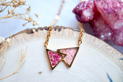 Real Pressed Flowers in Resin, Gold Triangles in Magenta and Light Pink